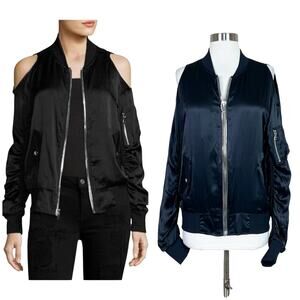 NEW RTA | Silk Black Cold Shoulder Satin Zip Jester Designer Bomber Jacket Large